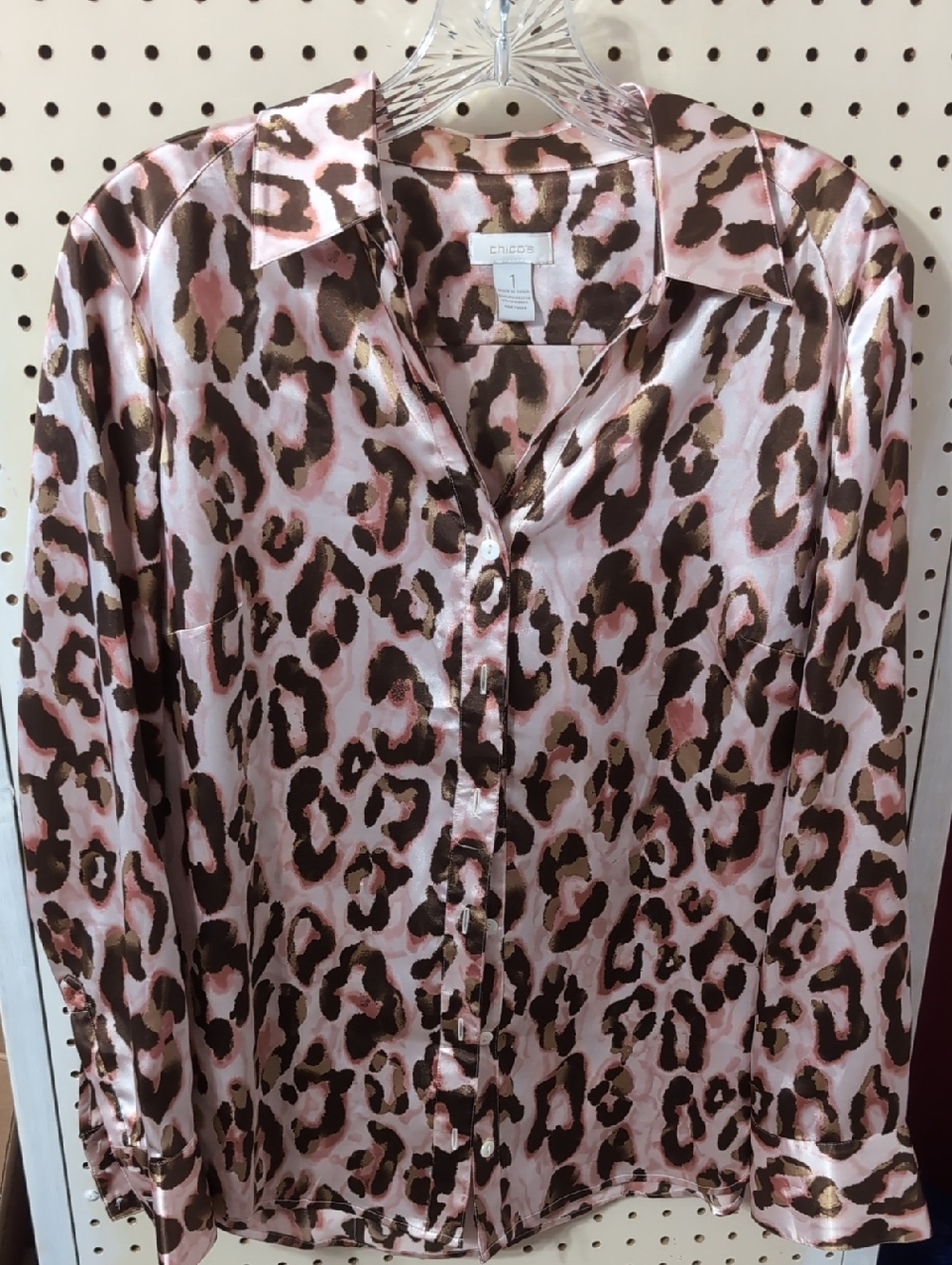 Chico's Pink and Brown Leopard Satin Button-Front Shirt